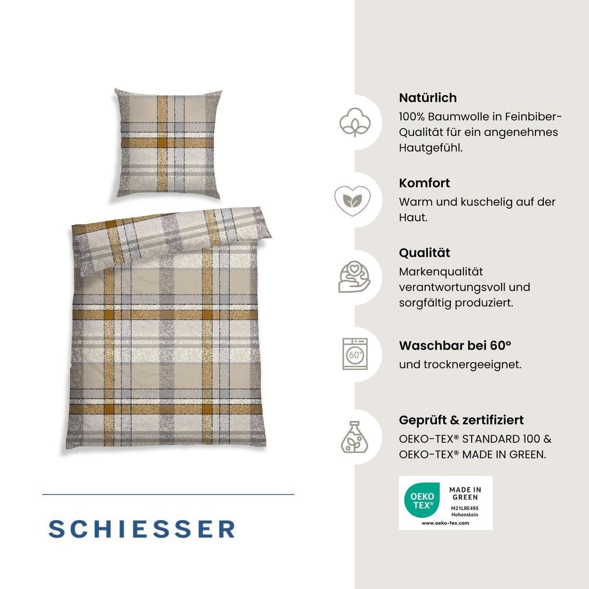 BETTWÄSCHESET Arno - Feinbiber - 2-teilig - 135x200 cm - Natur-Grau - Naturfarben, Textil (135/200cm) - SCHIESSER