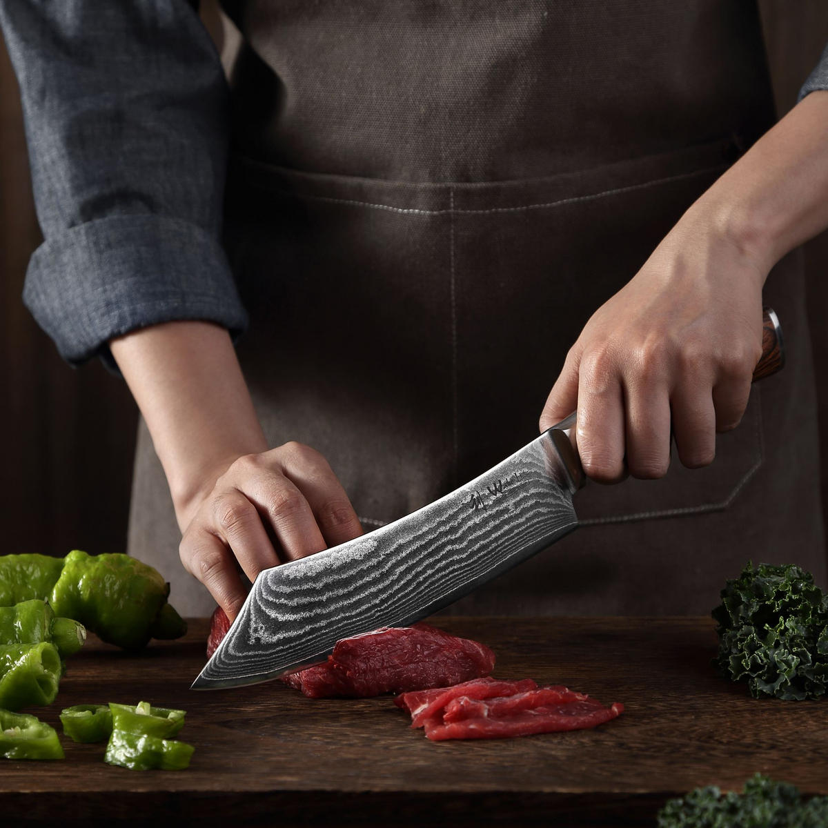 DAMAST BBQ- & Blockmesser I EDIB - Braun, Holz/Metall (30cm) - Wakoli