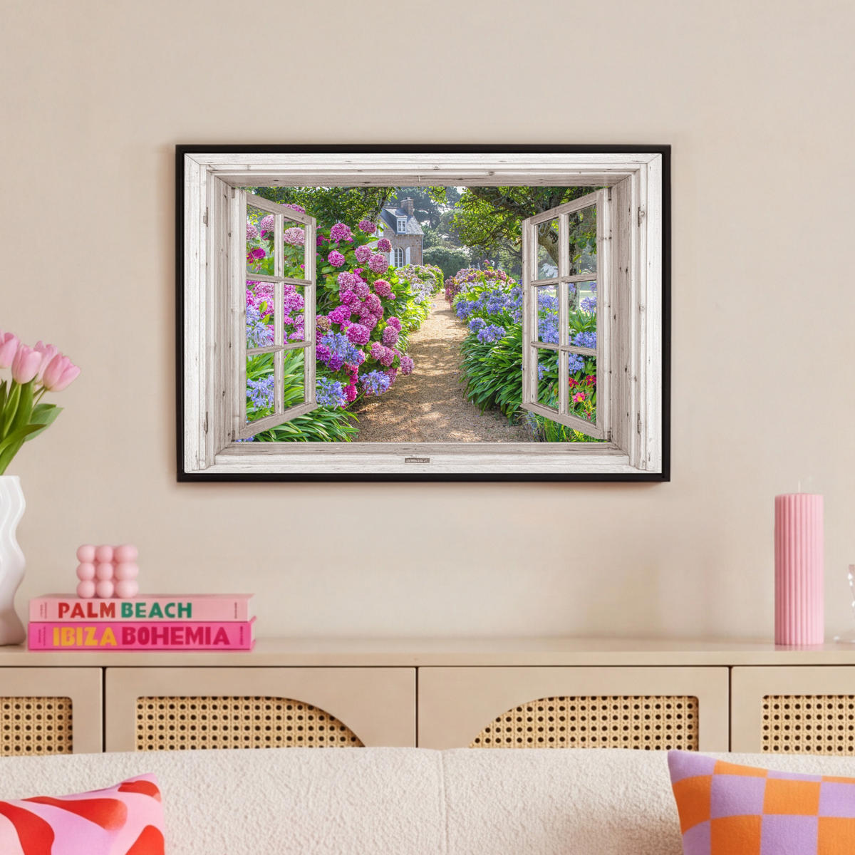 LEINWAND Bilder mit Rahmen - Hortensie - Durchsichtig - Blumen - Sommer - Lila - Weg - 60x40 - Lila, Textil (60/40cm) - MuchoWow