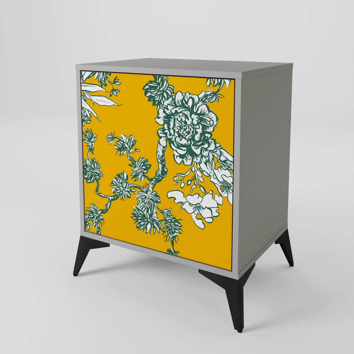SIDEBOARD YELLOW CHINOISERIE, Grau, 57,5x42x67,5 cm, Schwarze Metall-Rahmenfüße - Multicolor/Schwarz, Holzwerkstoff/Metall (57.5/67.5/42cm) - SpaceRebels