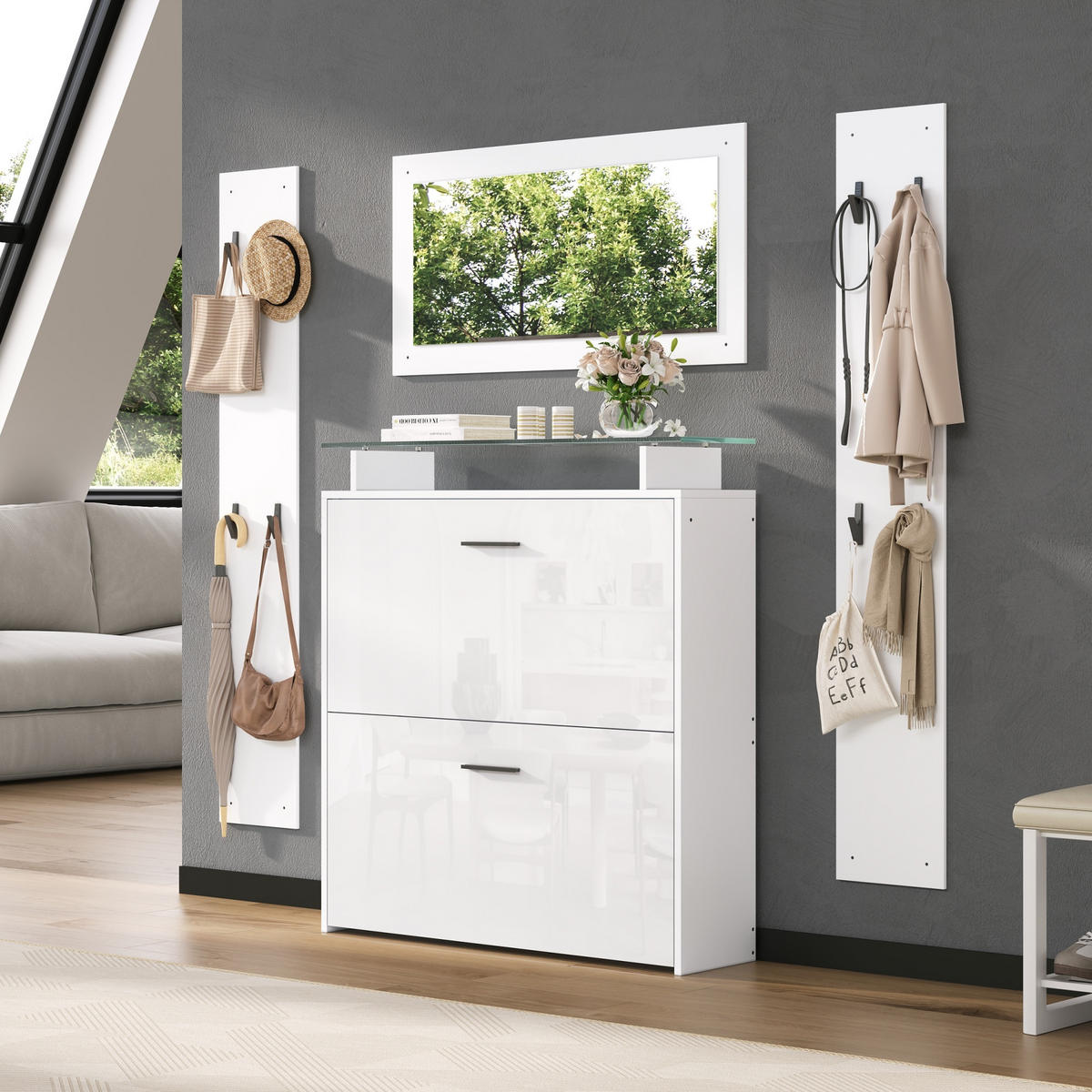 KOMPAKTGARDEROBE Spiegel Hochglanz Schuhschrank 8 Haken - Weiß, Holzwerkstoff (89.5/96.5/23cm) - FLIEKS