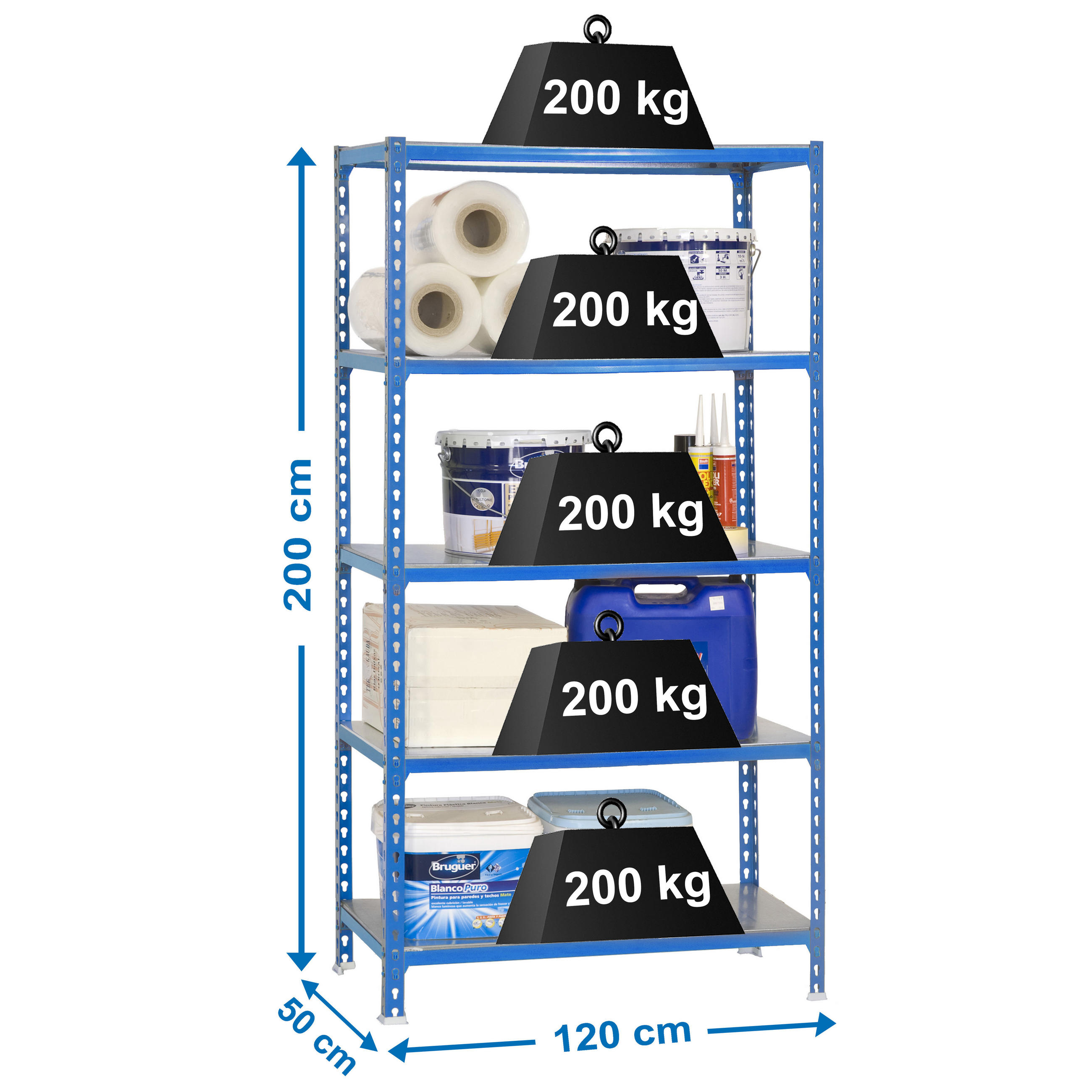 SCHWERLASTREGAL Big Metal Shark HxBxT 200 x 120 x 50 cm Fachlast 200 kg Blau-Verzinkt - Blau, Metall (120/200/50cm) - PROREGAL