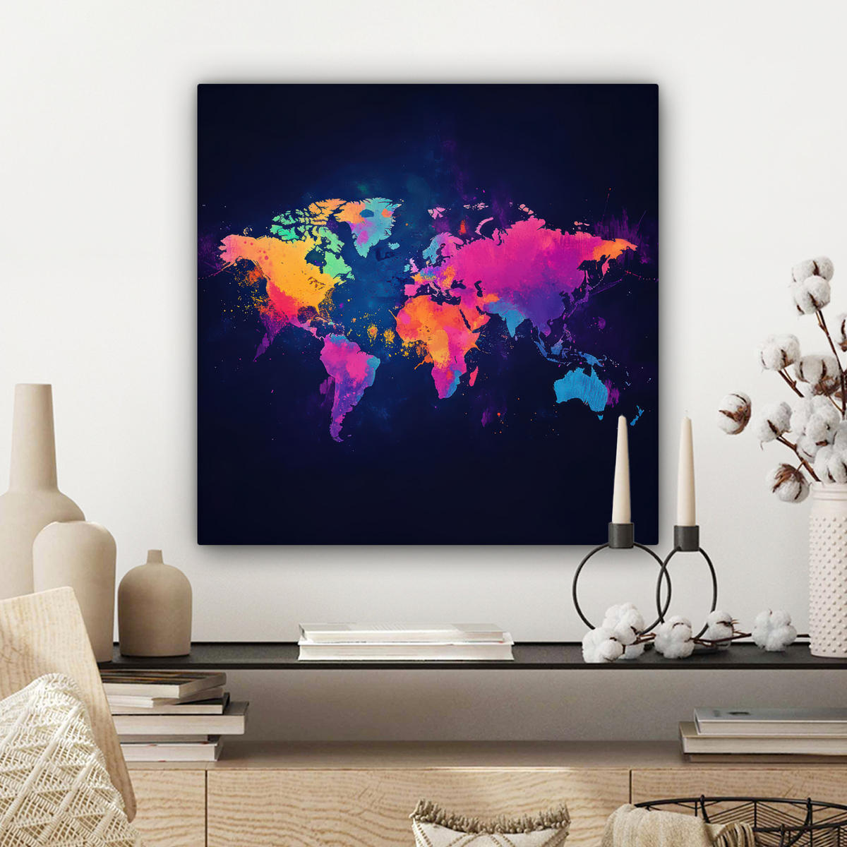 LEINWANDBILD Weltkarte - Bunt - Graffiti 50x50 cm - Multicolor, Textil (50/50cm) - MuchoWow