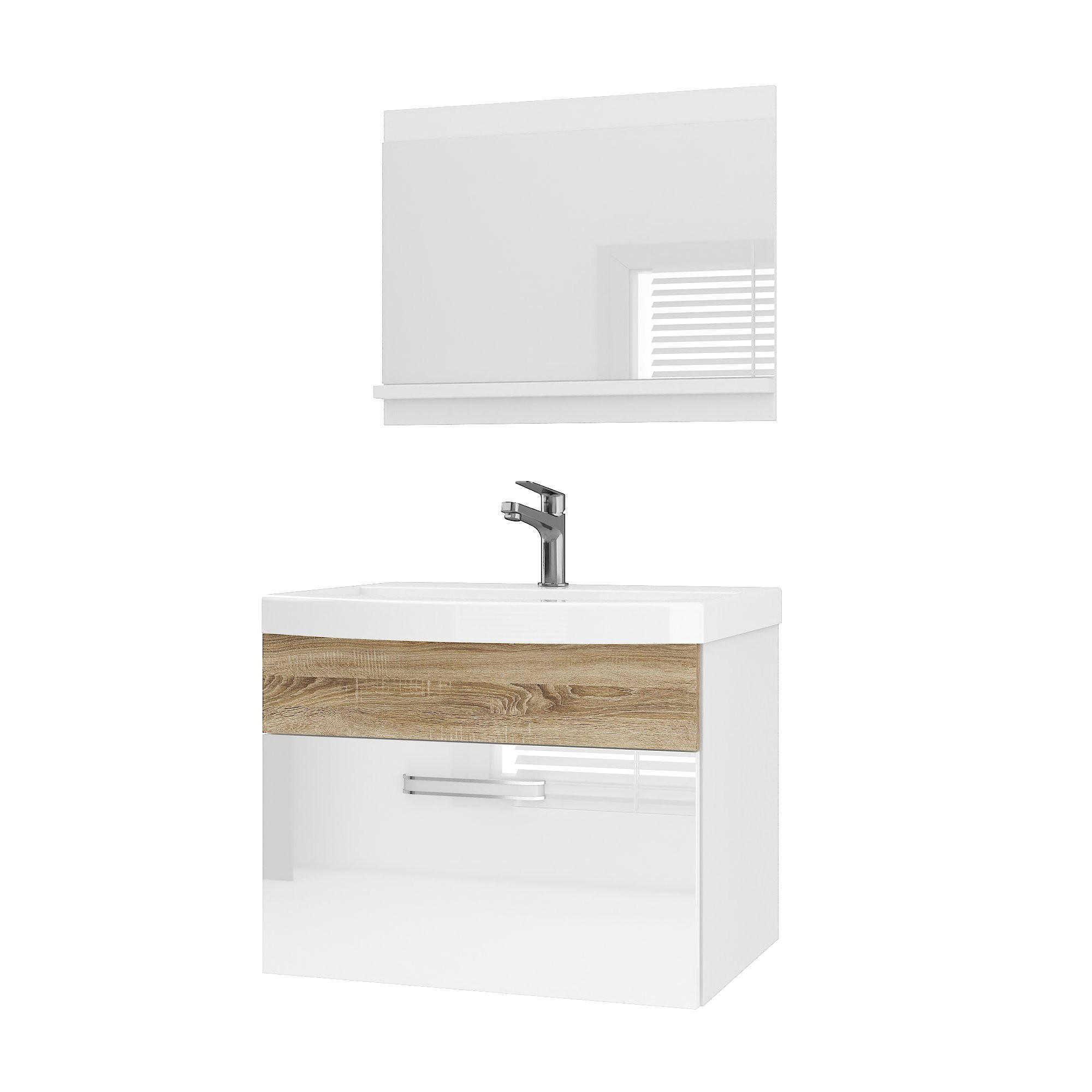 BADMÖBEL Badezimmer SET PRI PM1, Weiß/Sonoma Eiche Hochglanz, 60 cm - Weiß/Sonoma Eiche, Holz (38.7/51/60cm) - B BELINI GROUP