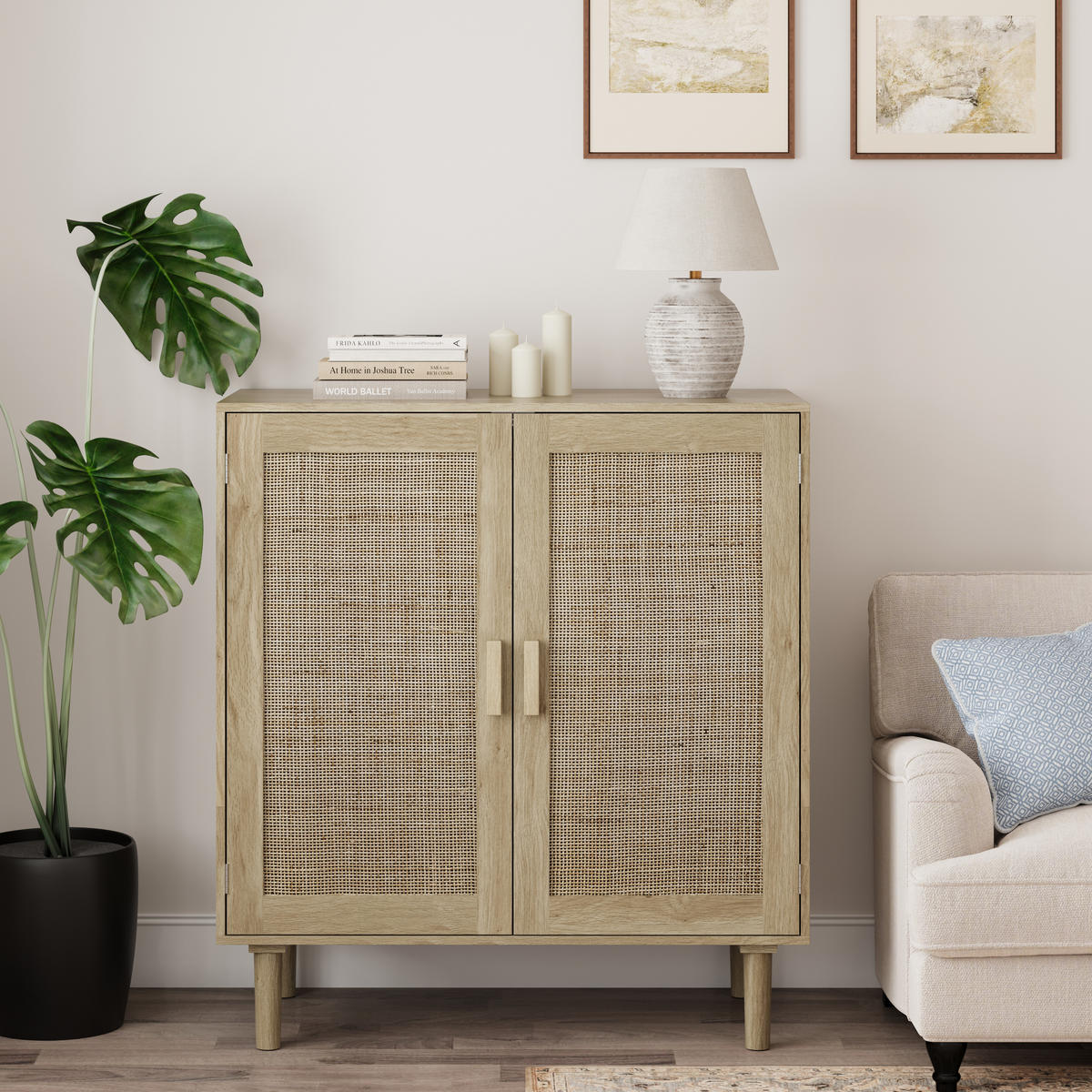 SIDEBOARD Aufbewahrungsschrank mit Rattan Holz Türen, offenen Fächern und Kippschutz, Massivholzgriffe - Schwarz/Naturfarben, Holzwerkstoff (80/88/40cm) - EVRYAE