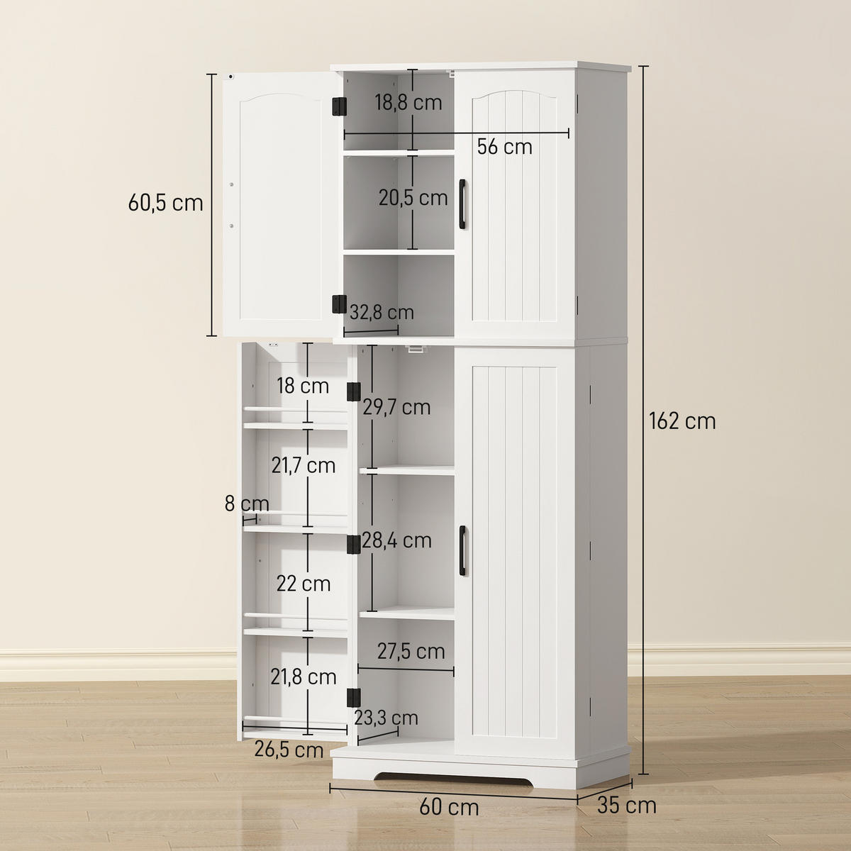 MEHRZWECKSCHRANK DE-11276 4 Türen, 10 Fächer Weiß - Weiß, Holzwerkstoff (35/162/60cm) - ComfortXL