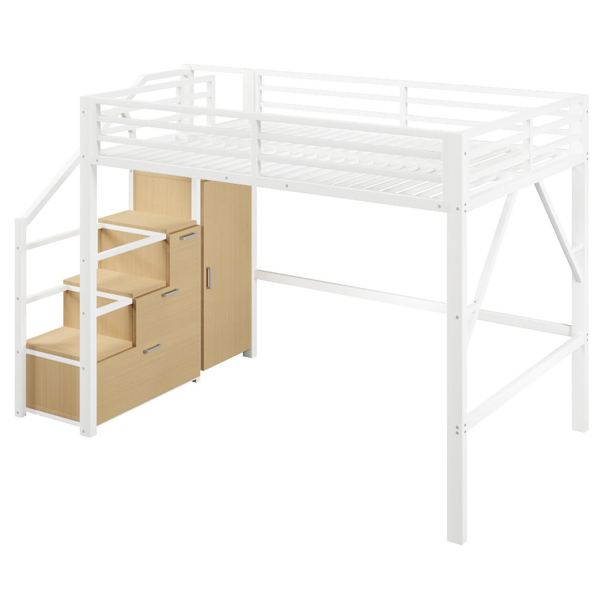 HOCHBETT mit Kleiderschrank und Staufächern 140x200 cm Metall Weiß - Weiß, Metall (140/200cm) - Meubliv