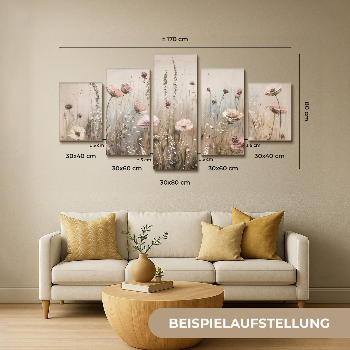 LEINWANDBILD 5er Set Blumen - Beige - Modern - Rosa 150x80 cm - Ecru, Textil (150/80cm) - MuchoWow