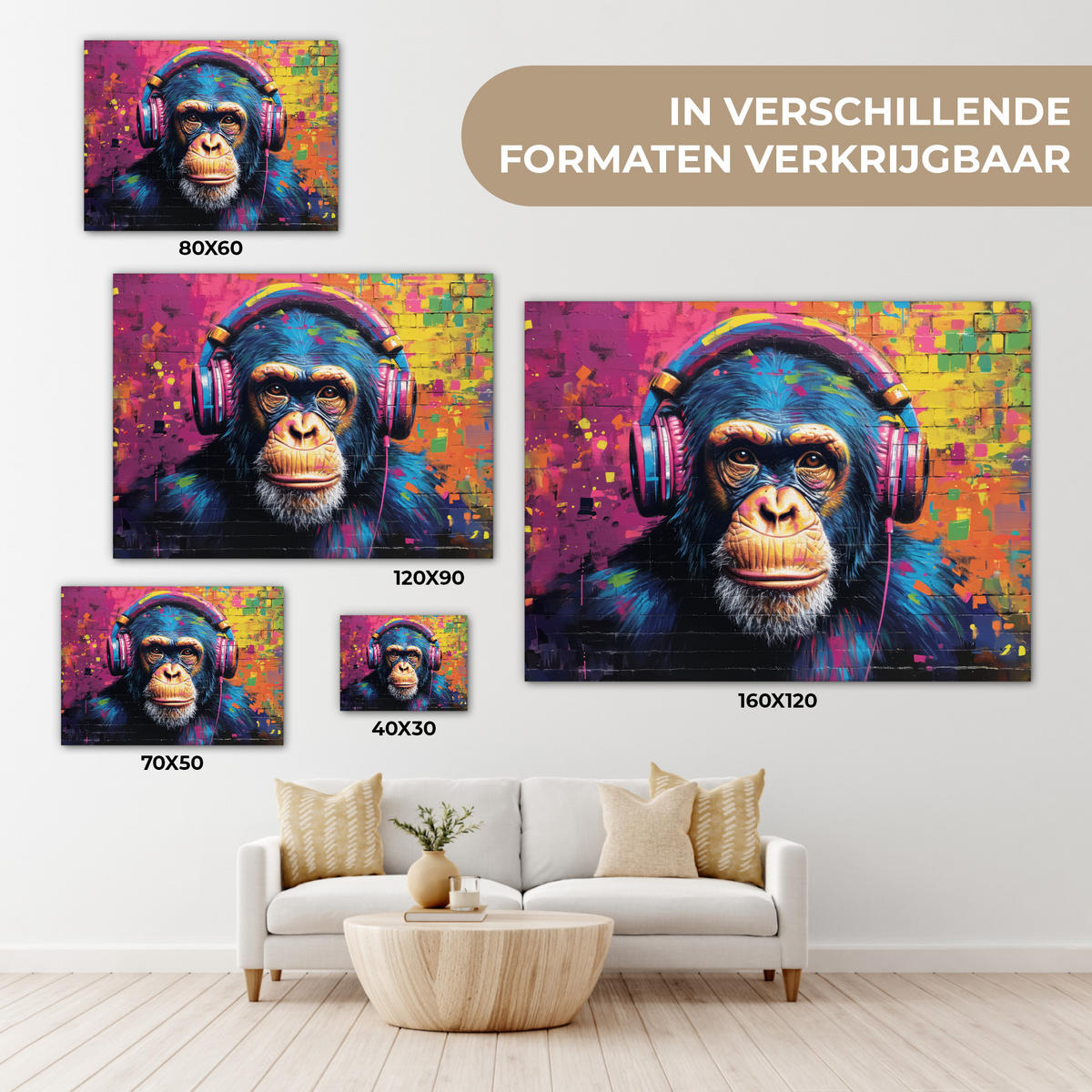 LEINWANDBILD Graffiti - Schimpanse - Straßenkunst - Kopfhörer - Affe Wandbild 40x30 cm - Blau, Textil (40/30cm) - MuchoWow