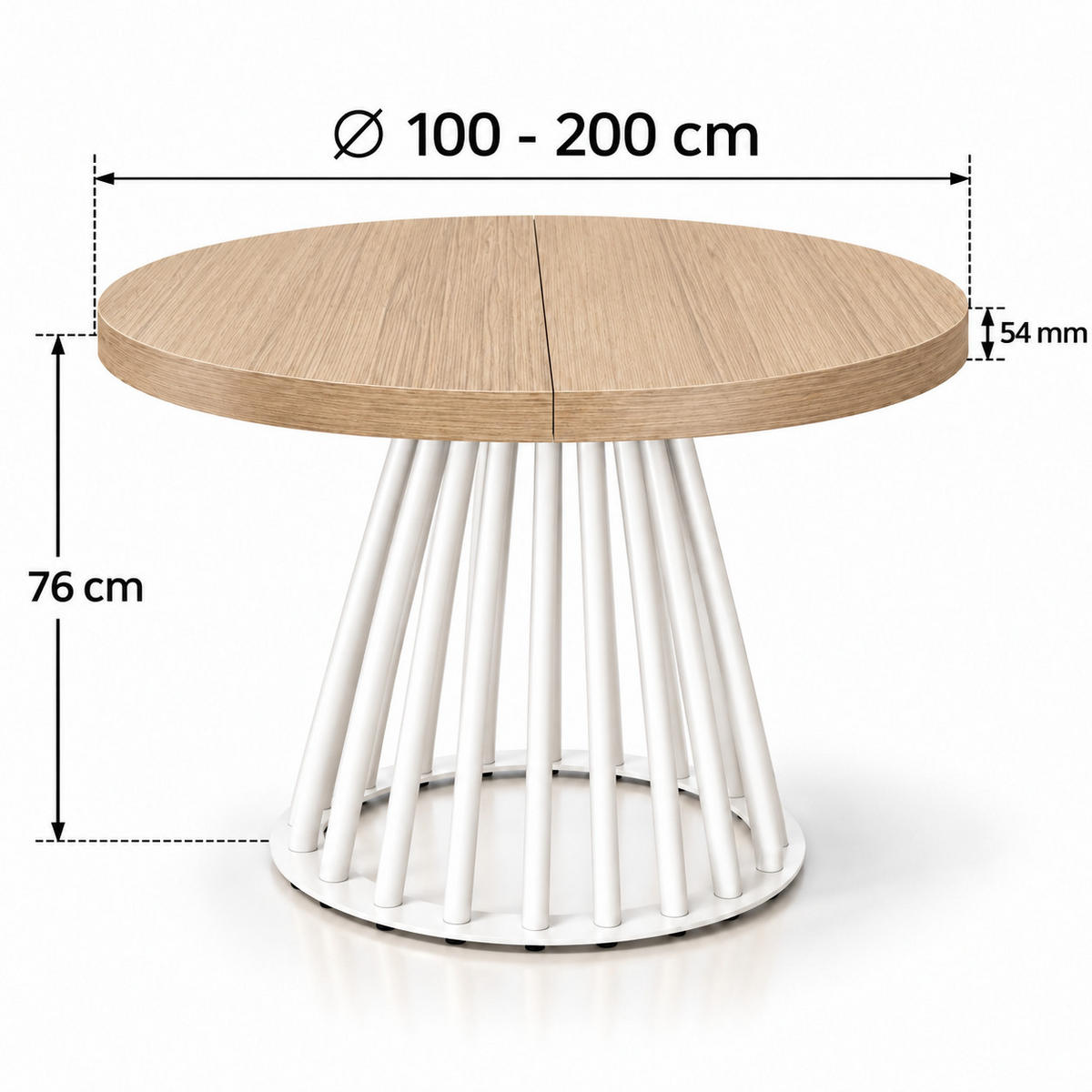 ESSTISCH rund ausziehbar 100/200/76 cm, Braun Hikora Egger, 54 cm Tischplatte + Lamellen-Metallgestell Weiß - Eichefarben/Weiß, Holzwerkstoff/Metall (100/200/76cm) - Damale Möbel