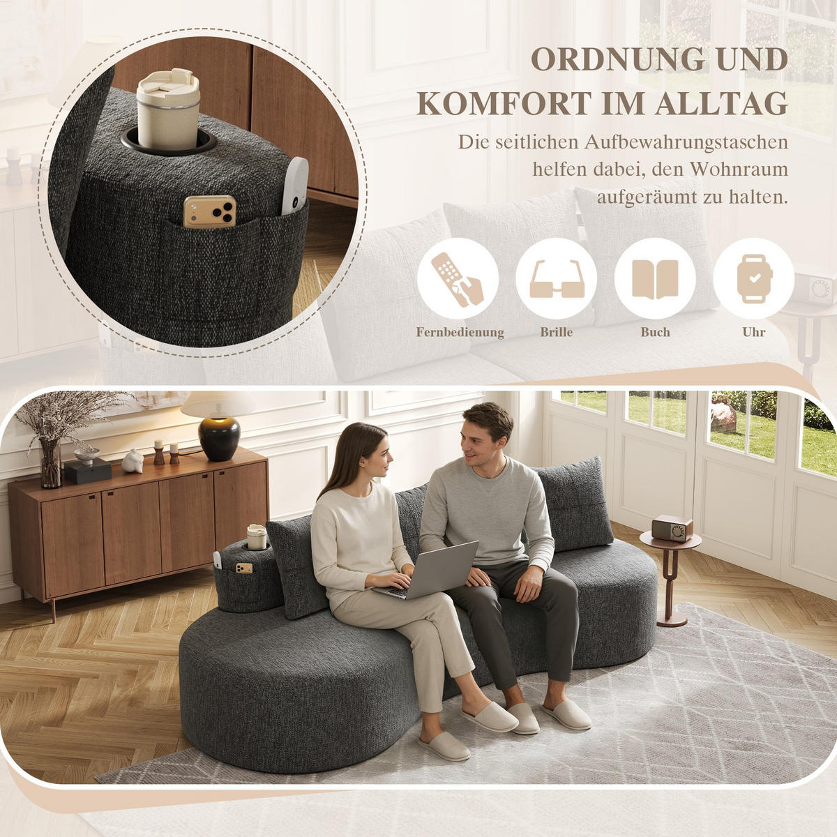 BIGSOFA Loungesofa,3er-Sofa,reich gepolstert,Leinenstoff,Dunkelgrau - Dunkelgrau, Textil (240/63/109cm) - LVHOM