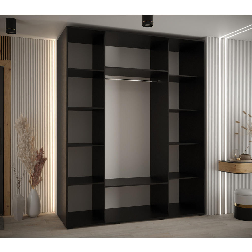 Thumbnail - Abiks Möbel Schwebetürenschrank, Schwarz, Eiche Artisan, Schwarz, Metall, Nachbildung, 6 Fächer, 190x205.2x60 cm, Schlaf...