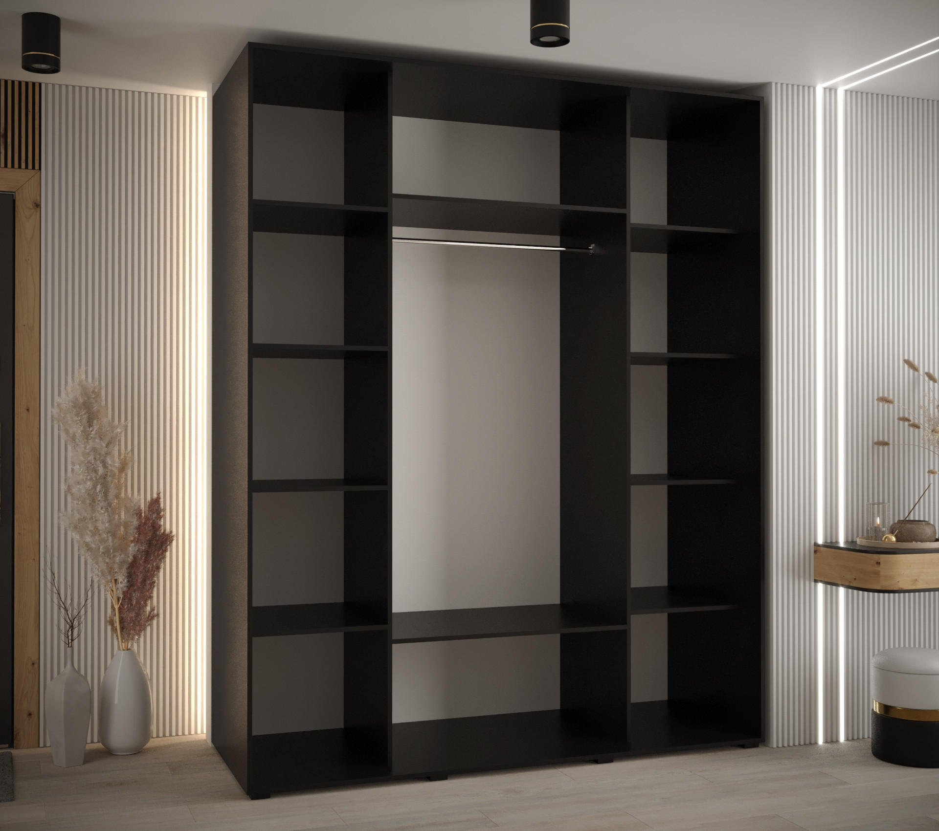 Thumbnail - Abiks Möbel Schwebetürenschrank, Schwarz, Eiche Artisan, Schwarz, Metall, Nachbildung, 10 Fächer, 190x235x60 cm, Schlafz...