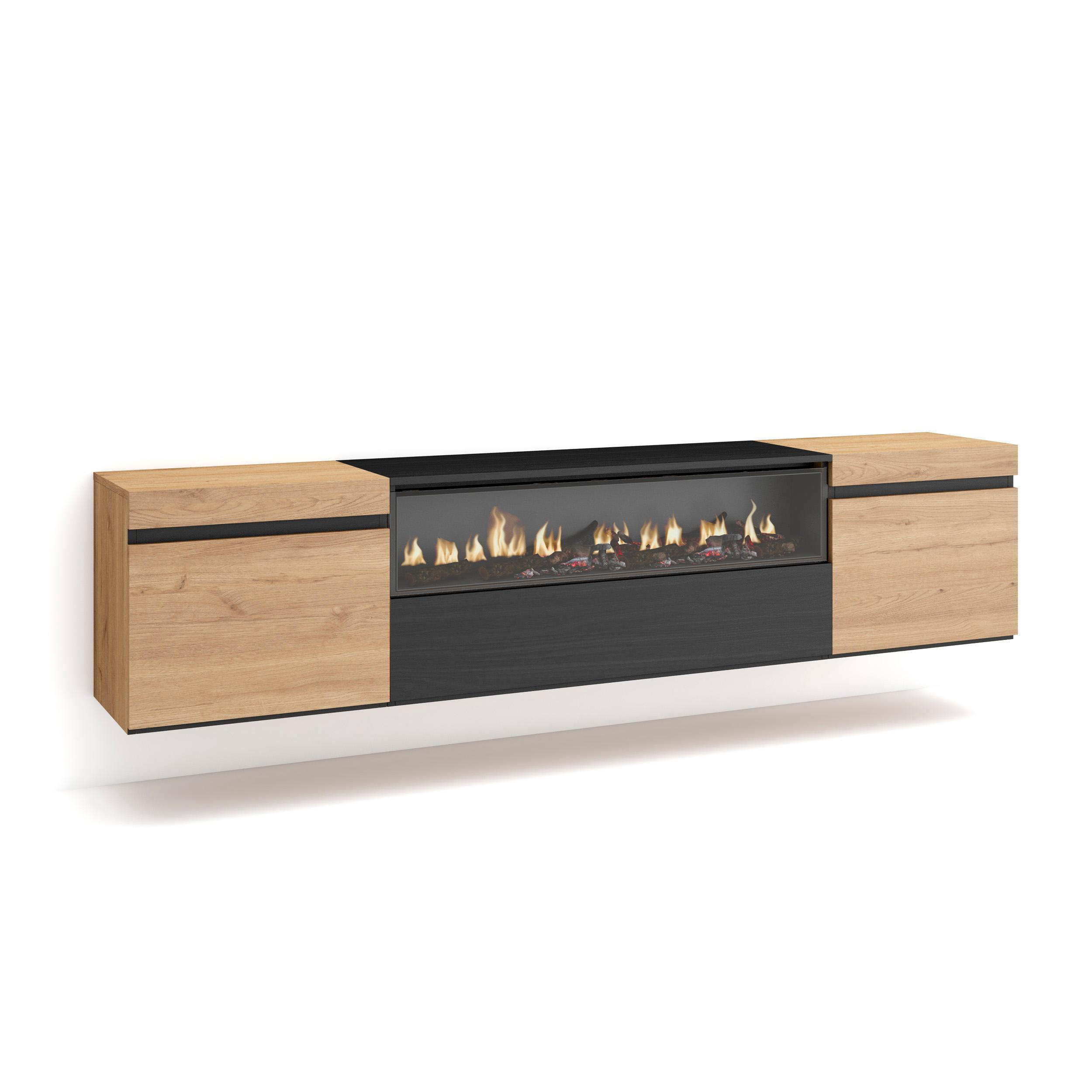 LOWBOARD Elektrokamin, Hängend, eiche, schwarz, 200/35/45cm - Eichefarben/Naturfarben, Holzwerkstoff (200/45/35cm) - Skraut Home