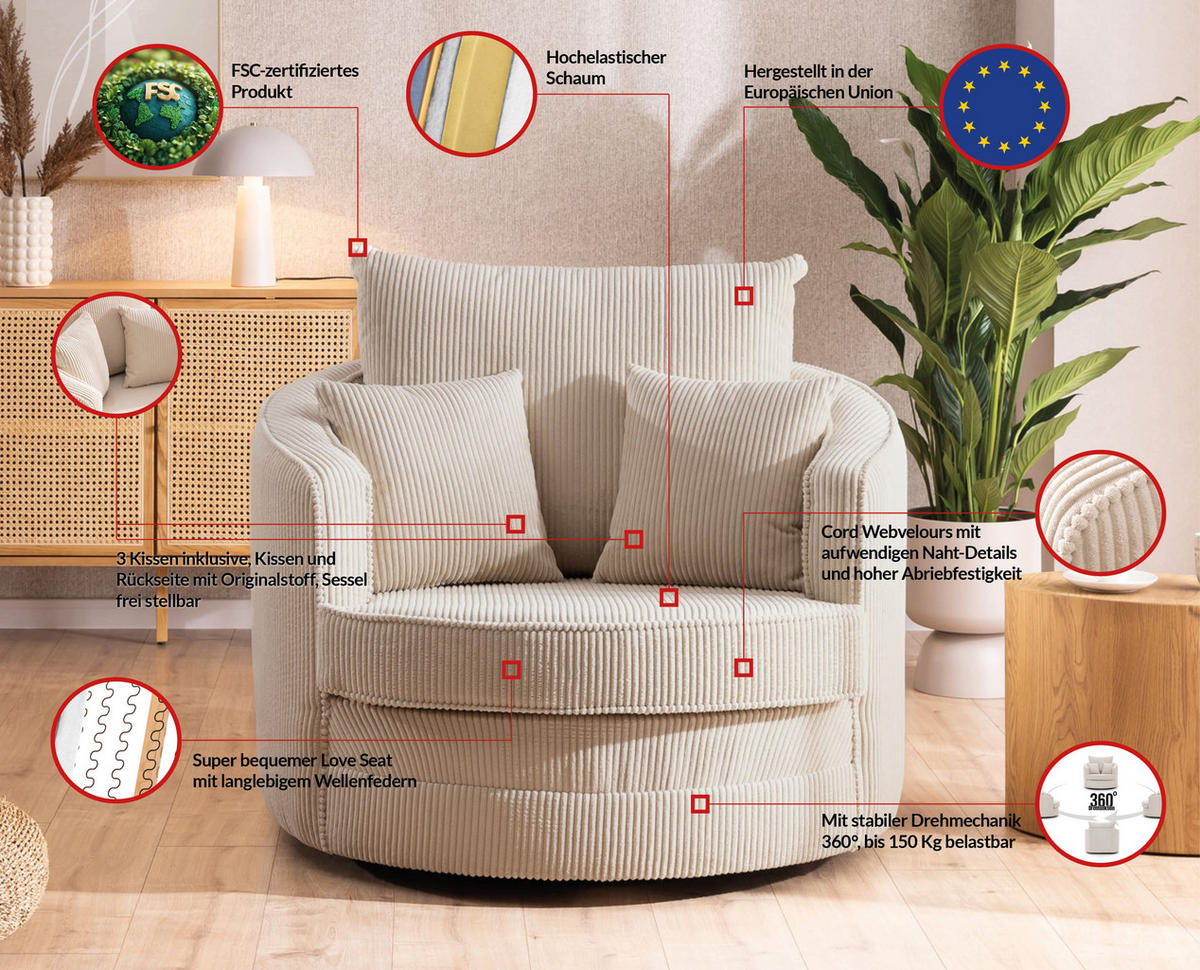 DREHSESSEL Ted aus Beige Cord-Stoff - Beige/Schwarz, Holz/Textil (107/94/100cm) - S-Style Möbel