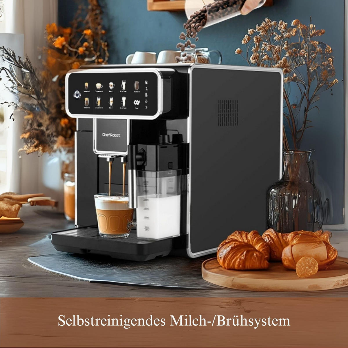KAFFEEVOLLAUTOMAT, 4 Sorten, Touchscreen, 1,5 l, selbstreinigend - Schwarz, Kunststoff (26/35.5/48.5cm) - ChefRobot