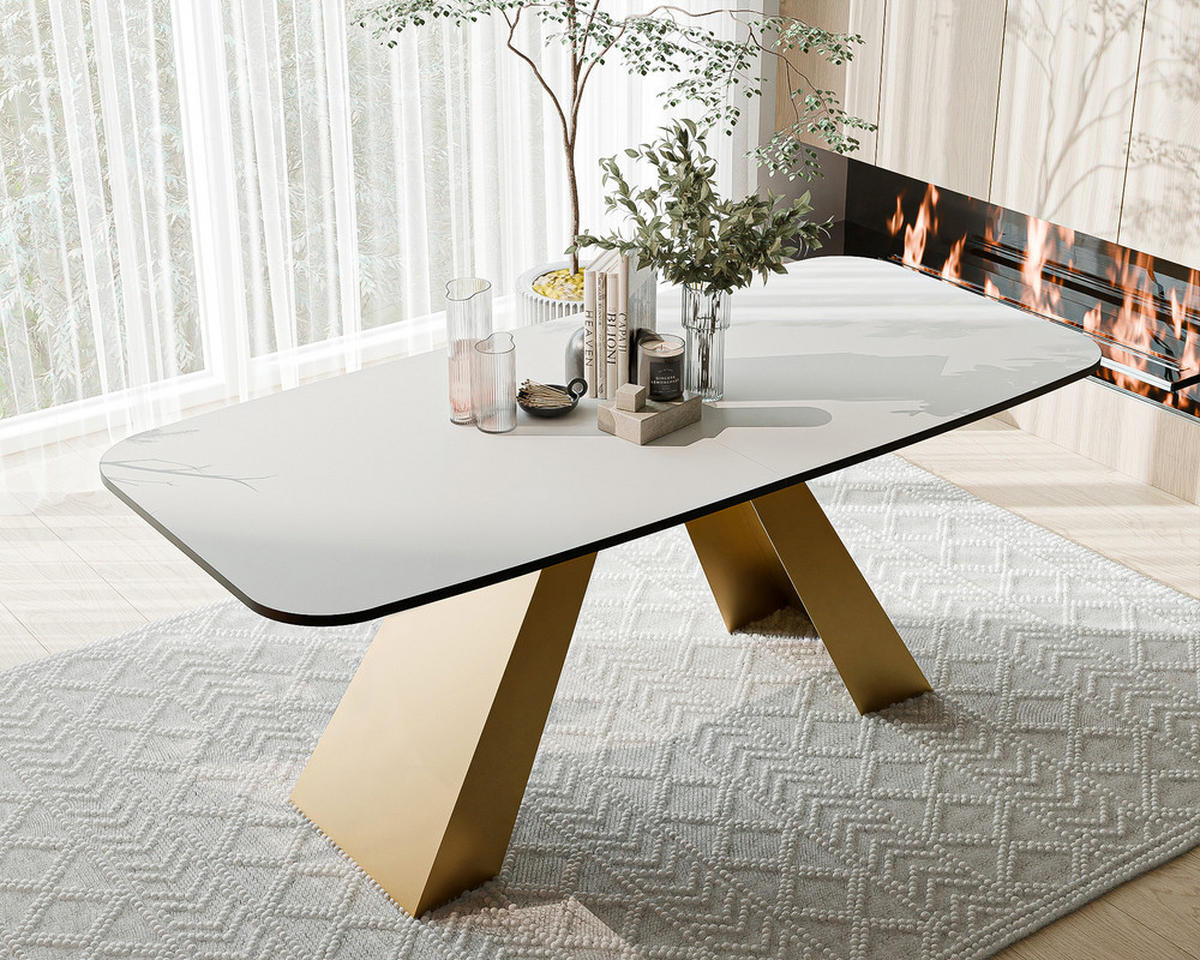AUSZIEHTISCH ZENITH 160/90/76 cm mit Metallgestell, Gold / Weiß - Goldfarben/Weiß, Holzwerkstoff/Metall (90/160/76cm) - Idohome