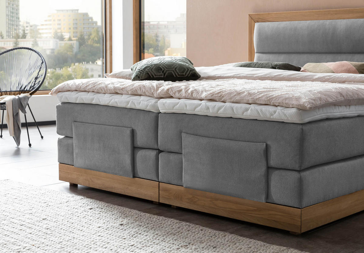 BOXSPRINGBETT ELEKTRISCH VERSTELLBAR MODELA 180x200 Hellgrau H2 und H3 Motorbett in Eiche mit 7-Zonen Taschenfederkern Matratze inkl. Visco Topper - Hellgrau, Textil (180/200cm) - Belanoti