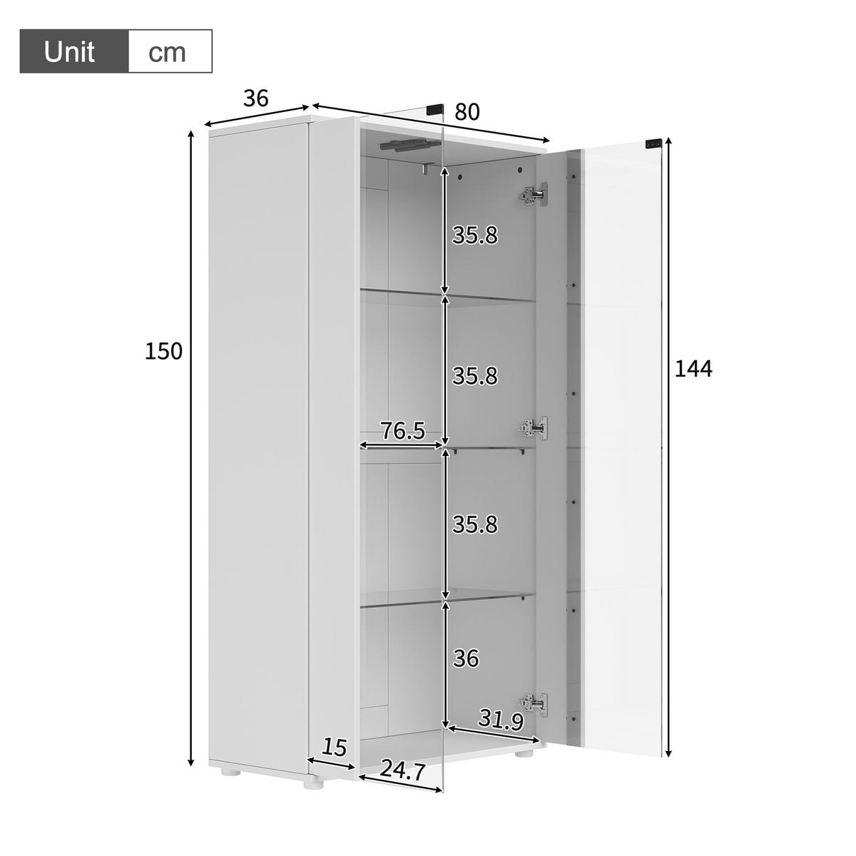VITRINE 80x36x150 cm Weiß mit LED und 2 Türen - Weiß, Holzwerkstoff (80/150/36cm) - FLIEKS