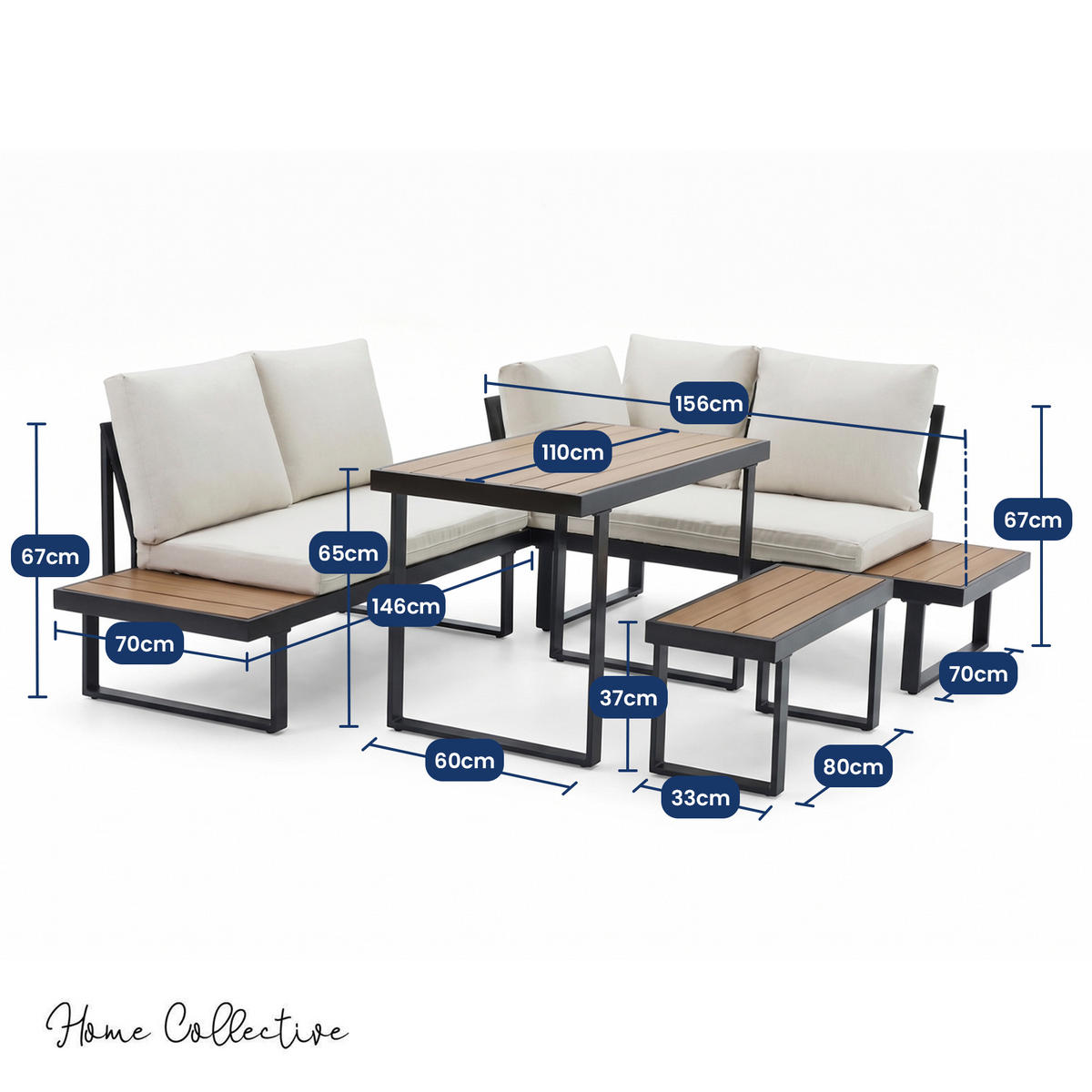 GARTENMÖBEL-SET mit 2 Zweisitzern. 1 Esstisch und 1 Bank. schwarz. beige und dunkle Eiche - Beige/Schwarz, Metall - Home Collective