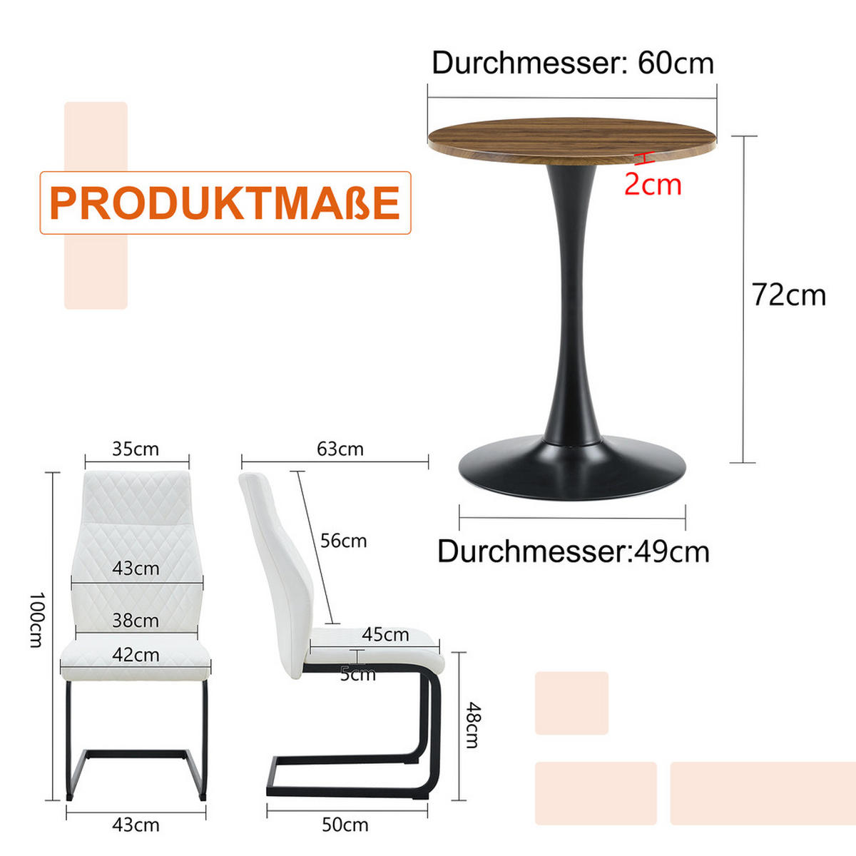 TISCHGRUPPE 3-tlg Runder Esstisch 60 cm MDF mit 2 Stühlen Weiß - Schwarz, Metall (73.5/21.5/76cm) - Raelunyi