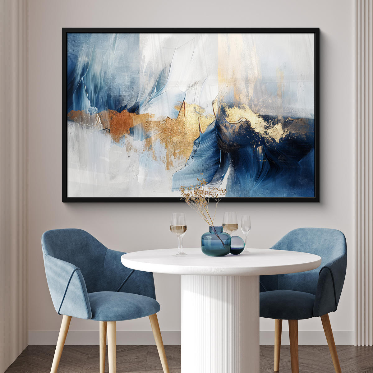 POSTER MIT RAHMEN Gold - Blau - Aquarell - Kunst - Modern 120x80 cm - Hellblau, Papier (120/80cm) - MuchoWow