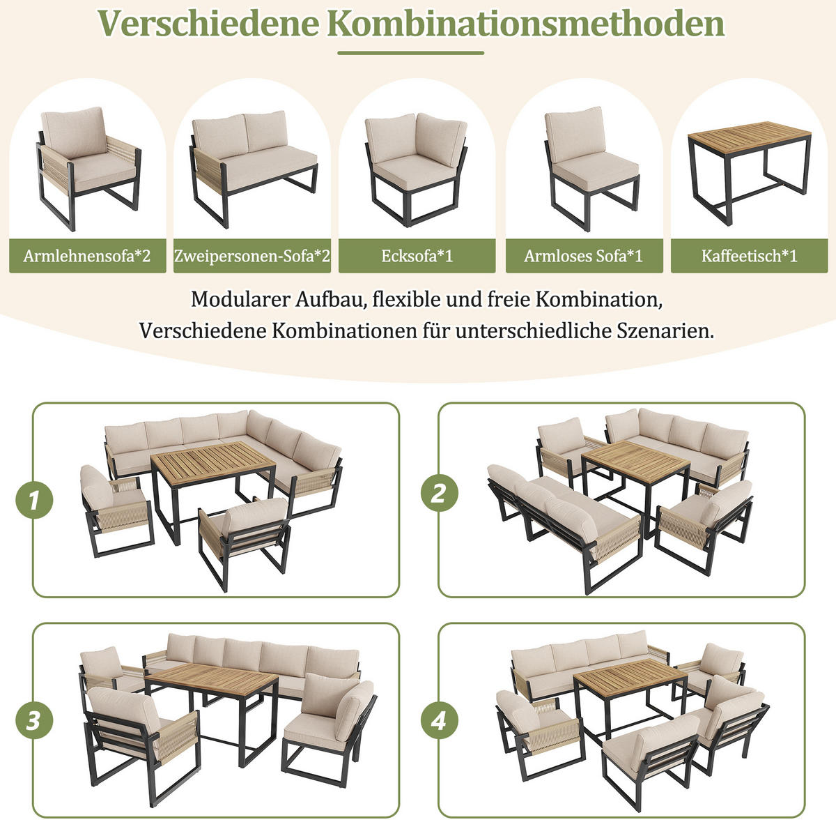 GARTENMÖBEL-SET mit Tisch & modularen Sitzen, 100/58/67 cm, Beige - Beige, Metall - Redom