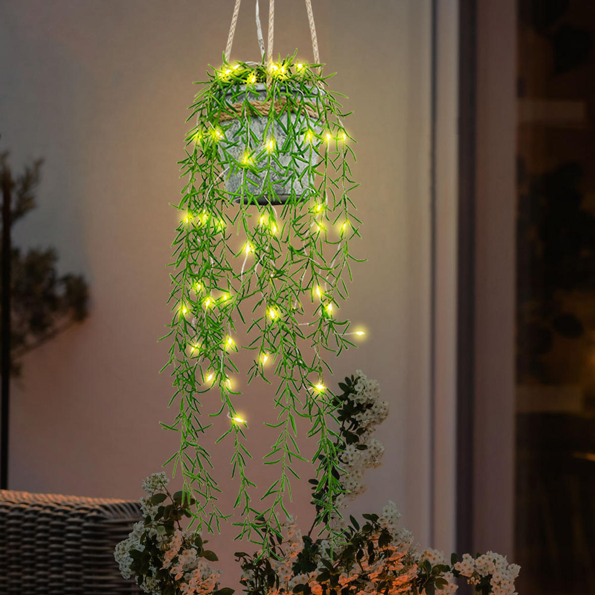 LED AUSSENLEUCHTE Kunstpflanze Hanfseil Grün 2er Set - Multicolor, Kunststoff (13/13/90cm) - Globo Lighting