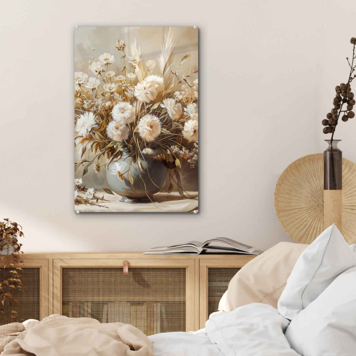 ACRYLGLASBILD Blumen - Vase - Stilleben - Beige 40x60 cm - Creme, Glas (40/60cm) - MuchoWow