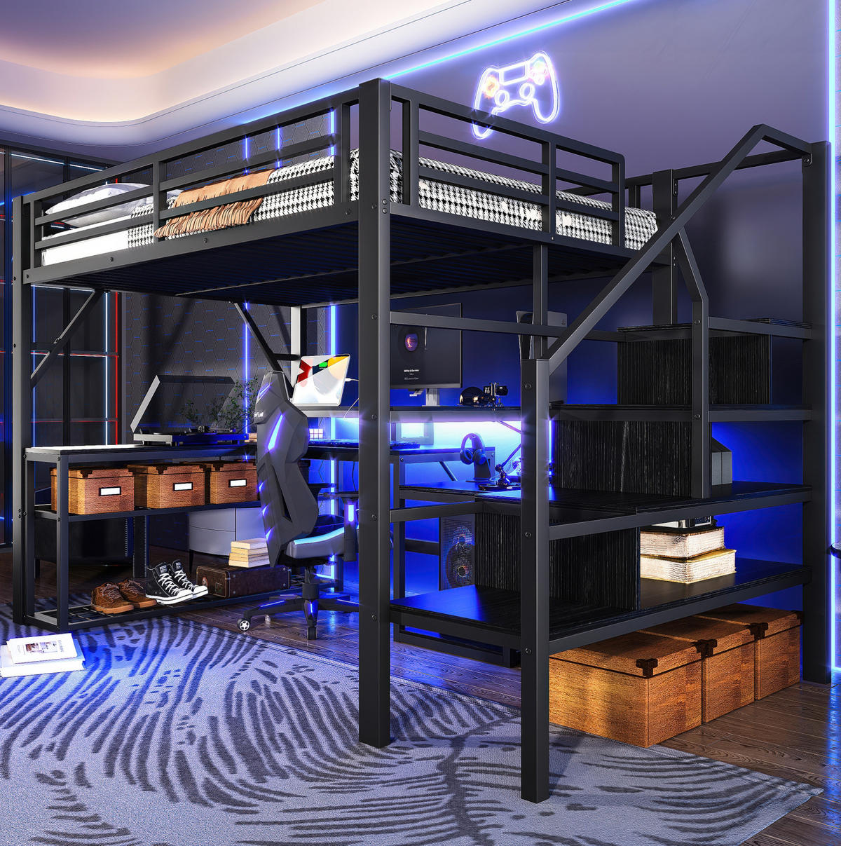 HOCHBETT aus Metall und MDF 140x200 cm Schwarz mit Schreibtisch, Stauraum, LED-Beleuchtung und USB-Anschluss - Schwarz, Metall (140/200cm) - IVMEU