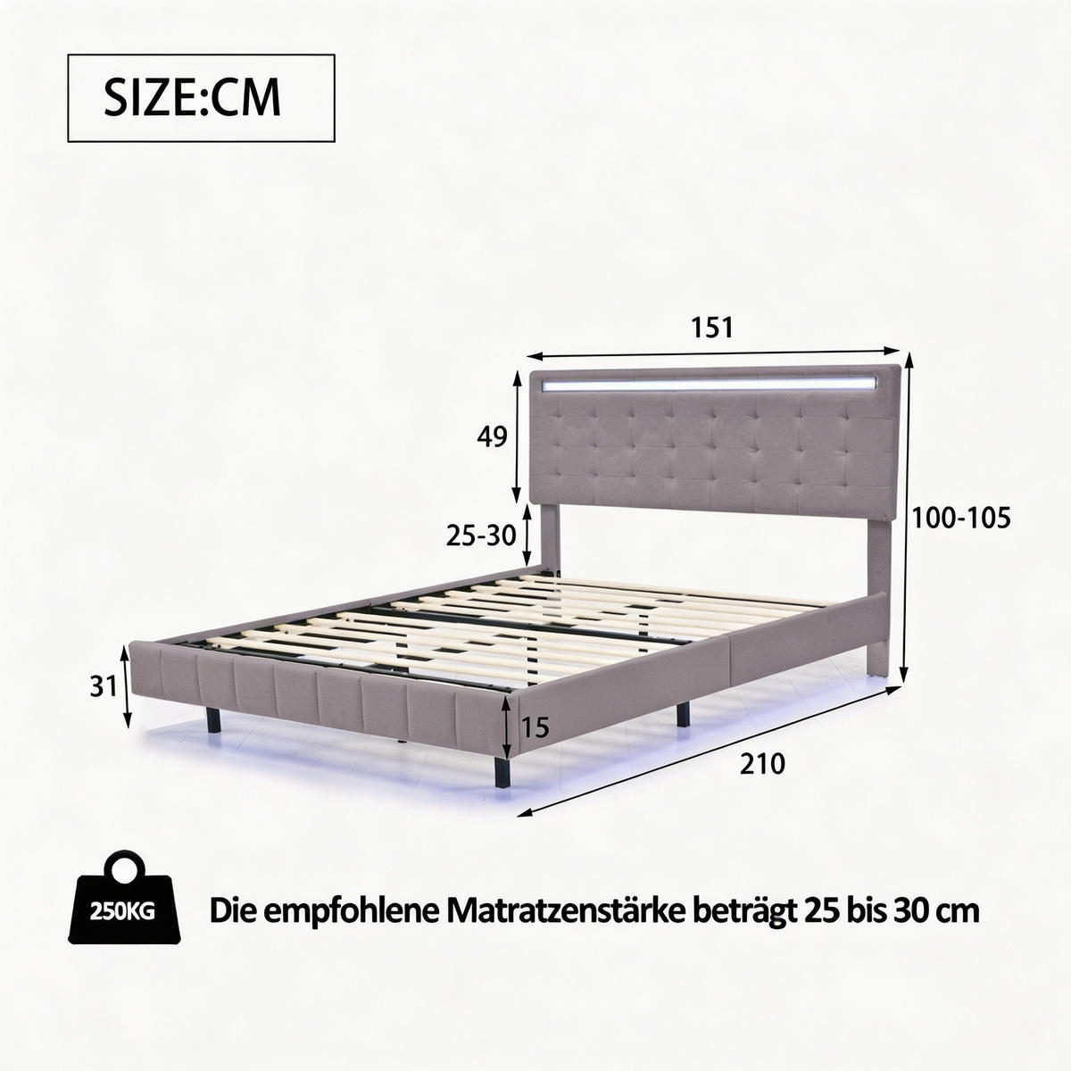 BETT 140x200 cm mit LED und USB, Doppelbett 140x200 cm mit Lattenrost, schwebendes Design, Leinenbezug Grau - Grau, Holz/Textil (140/200cm) - GENKI LIVING