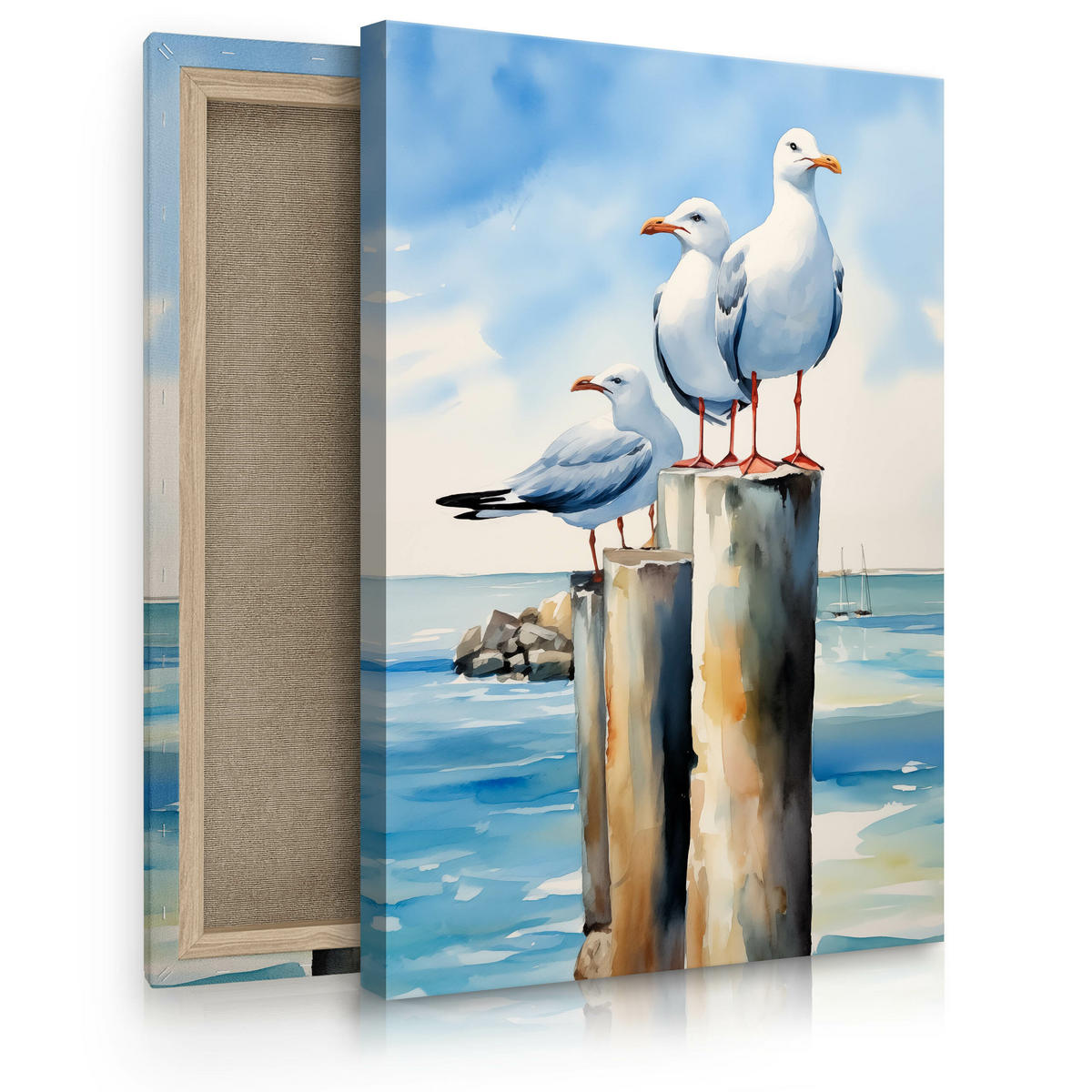 LEINWANDBILD Abstrakte Möwen Meer 80x120 cm - Blau/Beige, Textil (80/120cm) - Muralo