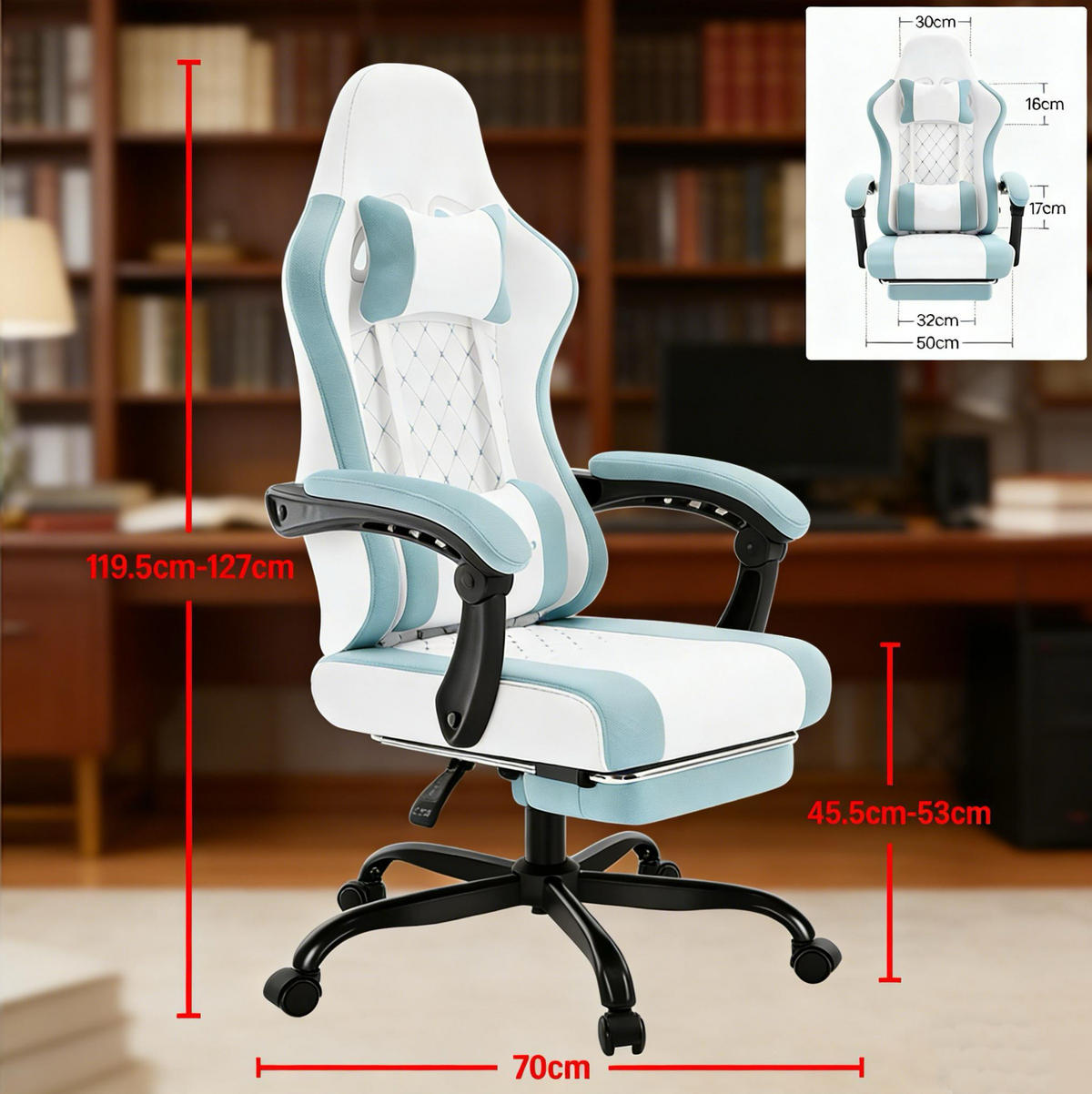 BÜROSTUHL ergonomisch mit Massagefunktion Blau/Weiß - Blau, Metall (70/127/70cm) - Meubliv
