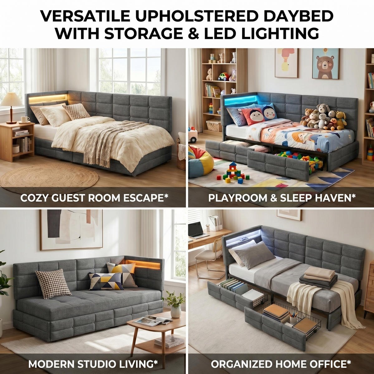 POLSTERBETT Reversibel 90/200 cm mit 2 Schubladen & RGB-LED Leinenoptik Grau - Grau, Textil (90/200cm) - Creahappy