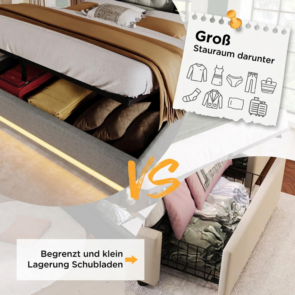 POLSTERBETT 160/200 cm Beige mit USB Typ-C Ladefunktion und 3-seitige LED-Funktion - Beige, Textil (160/200cm) - Oxeza