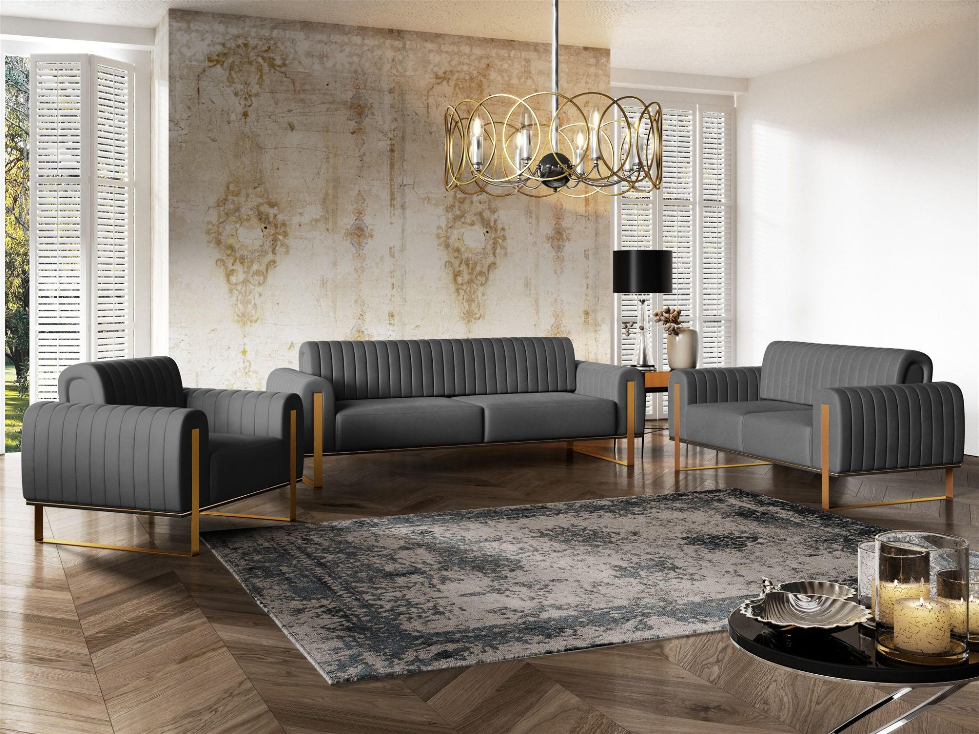 SOFASET Valerie 3-2-1 - Anthrazit, Holzwerkstoff/Textil (228/79/90cm) - Fun Möbel