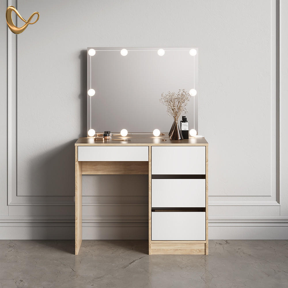 SCHMINKTISCH Imola Sonoma 90 cm mit LED Beleuchtung - Weiß/Sonoma Eiche, Holzwerkstoff (90/75/40cm) - Livinity®