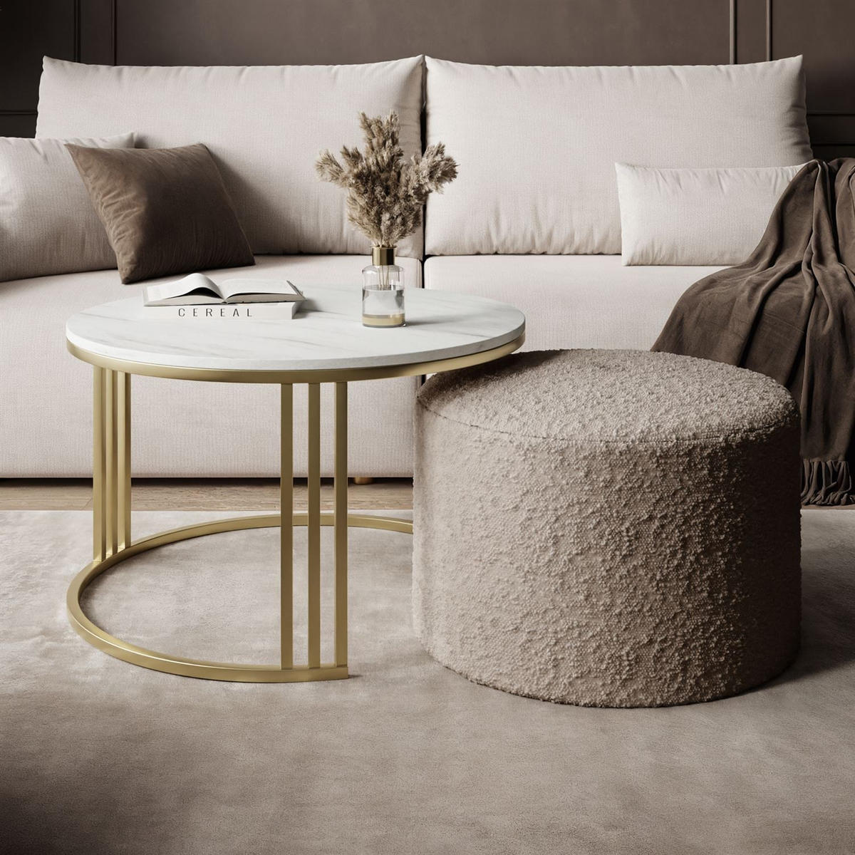 COUCHTISCH mit Hocker LORI MAT gebürstetes Gold/Marmor Levanto/Coral 50 - Weiß, Metall (70/70/49cm) - Lookway