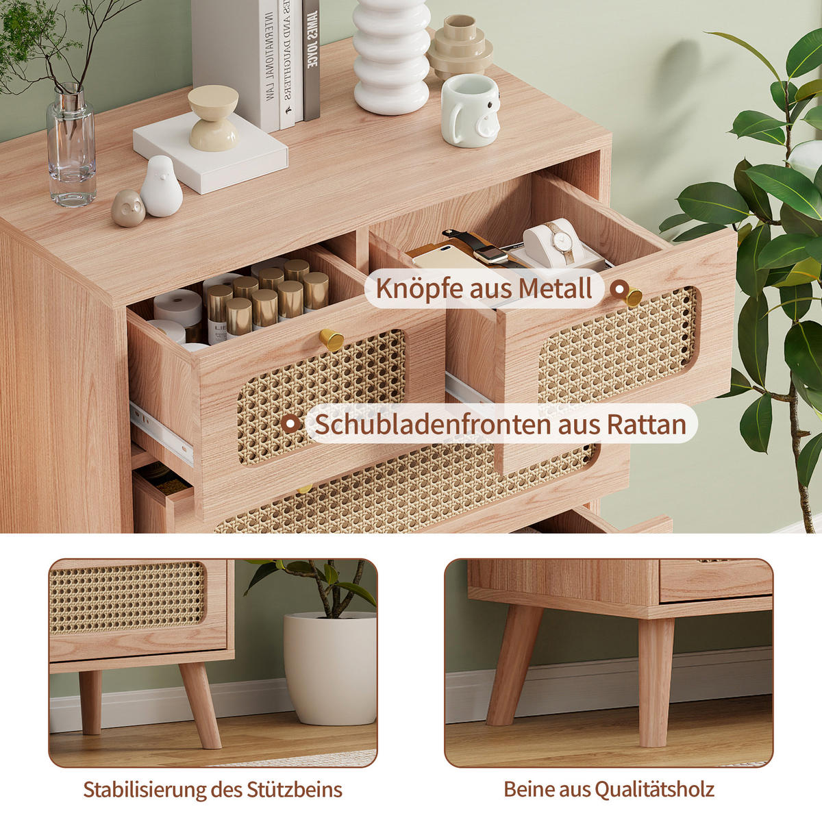 KOMMODE mit 5 Schubladen, Massivholzbeinen, Modernes Design, Braun - Braun, Holz (34/91/60cm)
