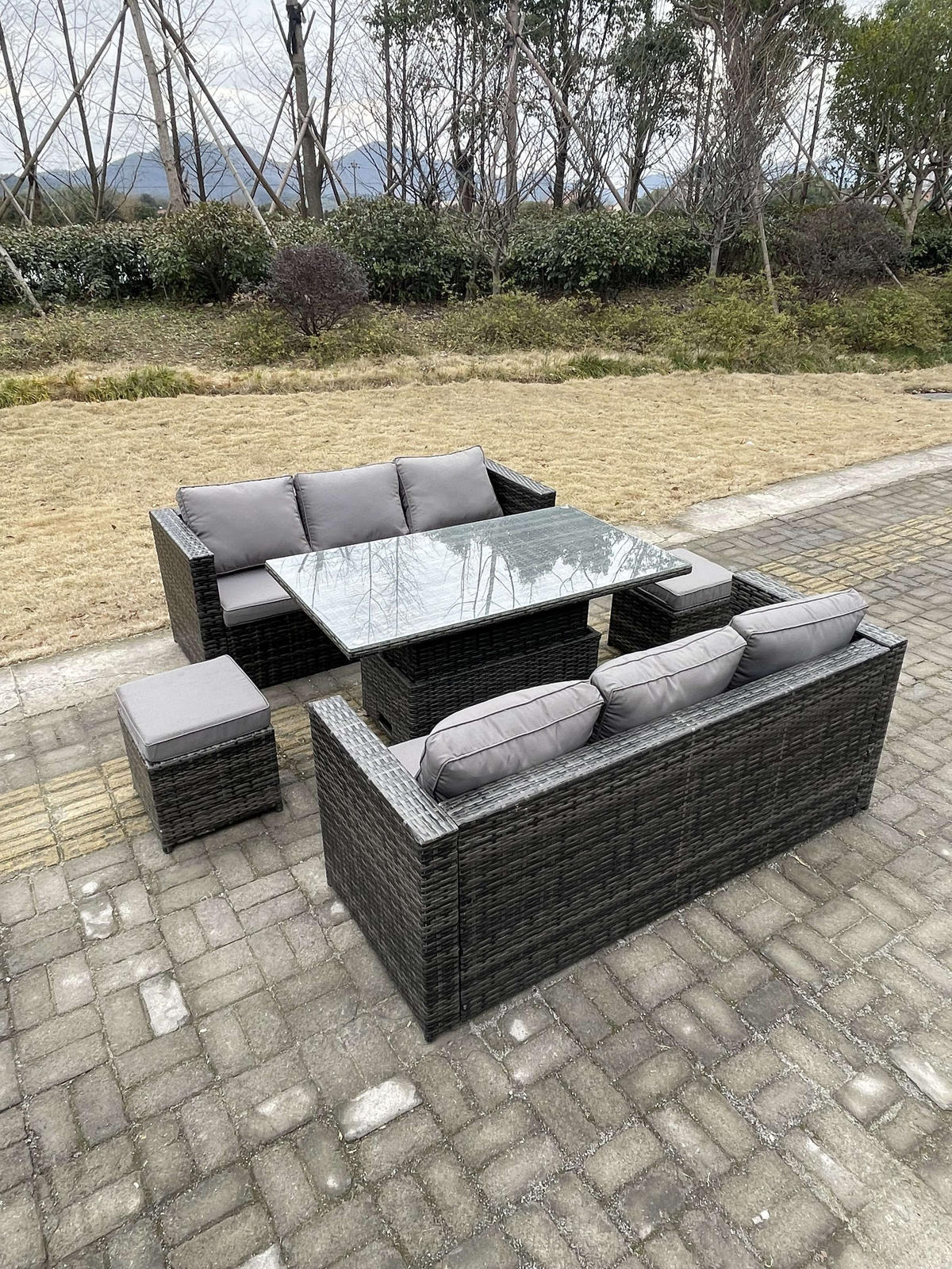 GARTENSET Polyrattan 8-Sitzer - Dunkelgrau/Grau, Glas/Kunststoff - Fimous