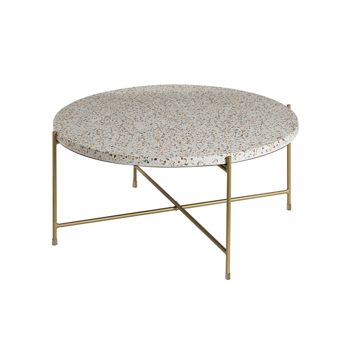 COUCHTISCH Rund Terrazzo Goldfarbenes Metall D81 cm MEZZO - Beige, Stein (81.5/81.5/35.5cm) - Miliboo