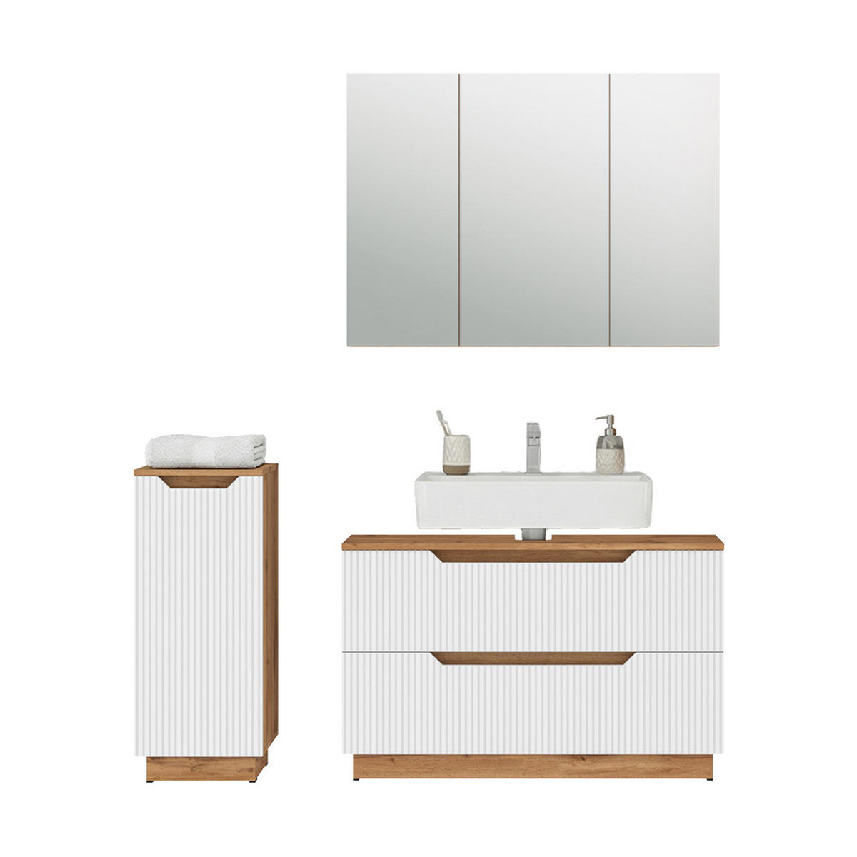 BADMÖBEL-SET Lotta Eiche/weiß gestreift 3 Teile - Eichefarben/Weiß, Holzwerkstoff (99.4/62.5/32cm) - Vicco