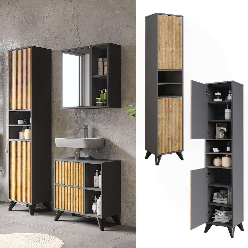 BADSCHRANK Leano Anthrazit/Bergeiche 38 x 180 cm mit 2 Türen - Eichefarben/Anthrazit, Holzwerkstoff (38/180/30cm) - Vicco