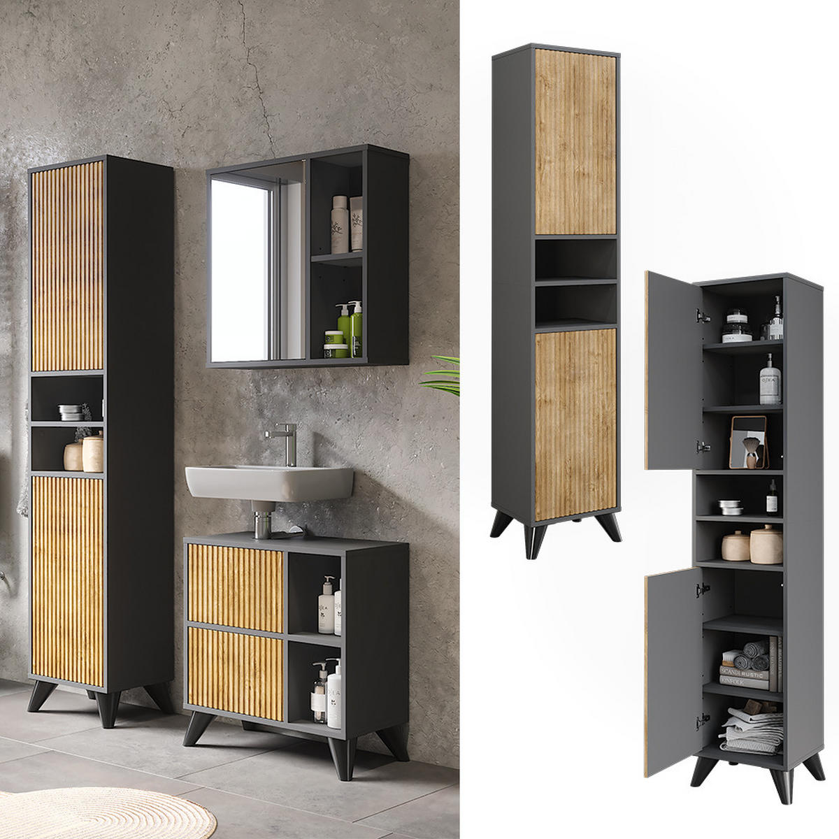 BADSCHRANK Leano Anthrazit/Bergeiche 38 x 180 cm mit 2 Türen - Eichefarben/Anthrazit, Holzwerkstoff (38/180/30cm) - Vicco