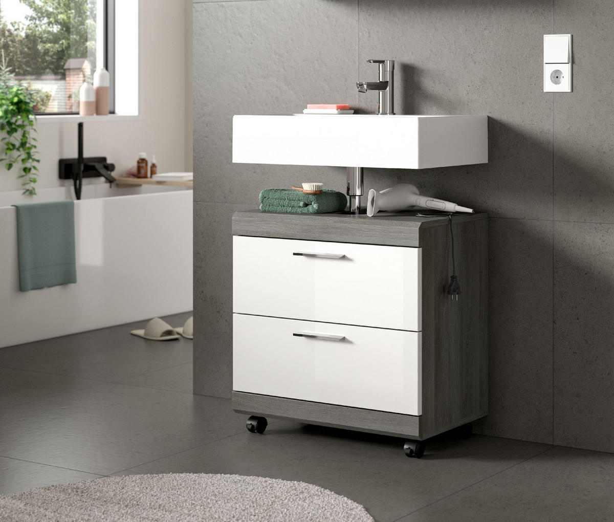 WASCHBECKENUNTERSCHRANK AUF ROLLEN Scout weiß hochglanz 60/34/60 cm - Grau, Holzwerkstoff (60/60/34cm) - Xonox
