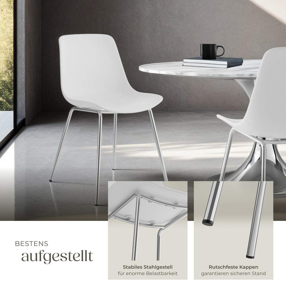 KUNSTSTOFFSTUHL 6er Set Mave 46 x 55 x 80 5 cm weiß/chrom - Weiß, Textil (46/80.5/55cm) - tectake