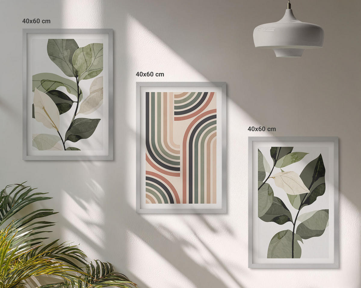 WANDBILDER 3er Set - 40x60 cm Silberner Rahmen - Geometrische Pflanzenmotive - Silberfarben, Kunststoff (40/60cm) - ArtPrintCave