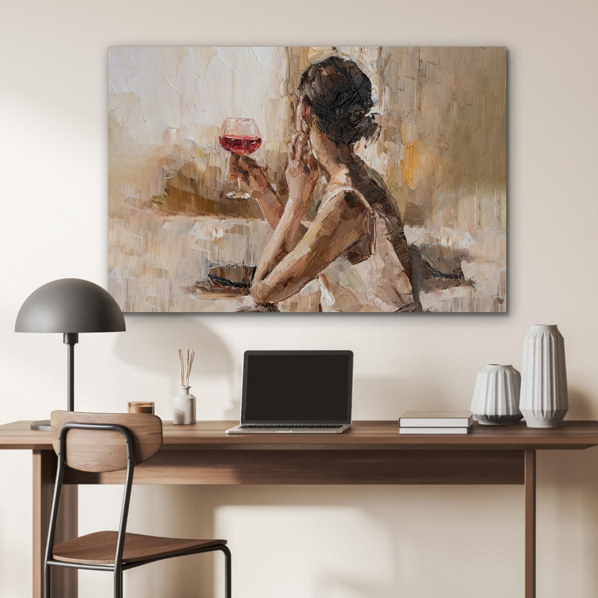METALLBILD Ölgemälde - Frau - Wein 90x60 cm - Hellbraun, Metall (90/60cm) - MuchoWow