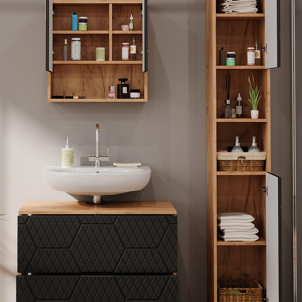 BADMÖBEL-SET Irma Anthrazit gestreift 3 Teile - Honigeiche/Anthrazit, Holzwerkstoff (80/58.6/41cm) - Vicco