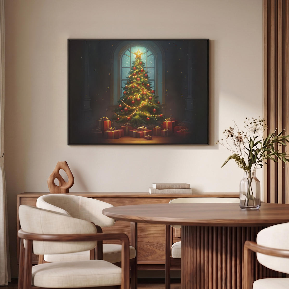 LEINWAND Bilder mit Rahmen - Weihnachtsbaum - Geschenk - Winter - 100x70 - Grün, Textil (100/70cm) - MuchoWow
